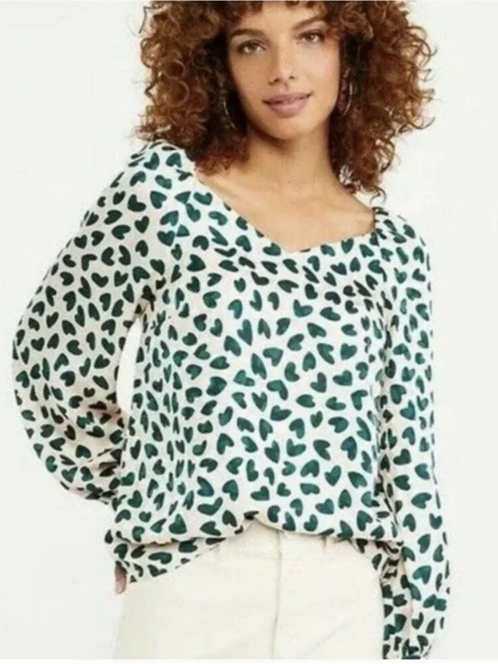 Ann Taylor Cream Long-Sleeve Top with Green Leaf Print